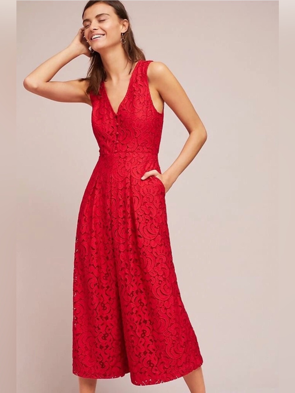 Anthro Jaeda Red Lace Wide Leg Jumpsuit